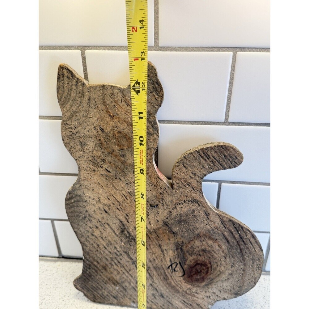 Hand Made Wood Cat 13" Tall Primitive Decor Painted Floral Folk Art Kitty Signed - Picture 9 of 13